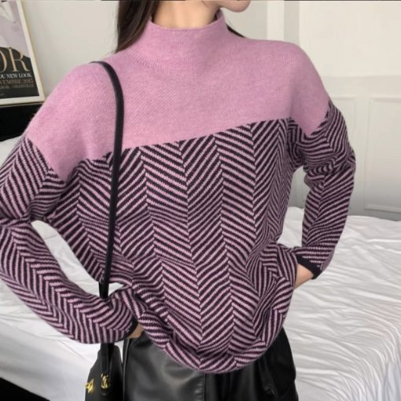 Selena™ - Chevron Pattern High-Neck Sweater