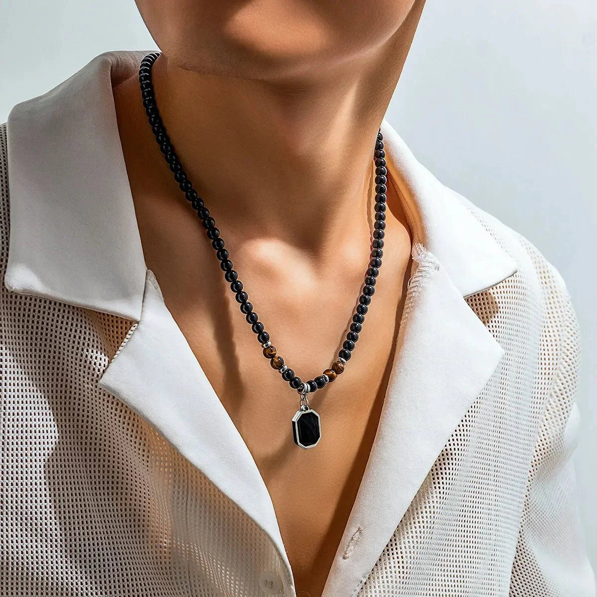 Men's Black Beads with Pearl Pendant